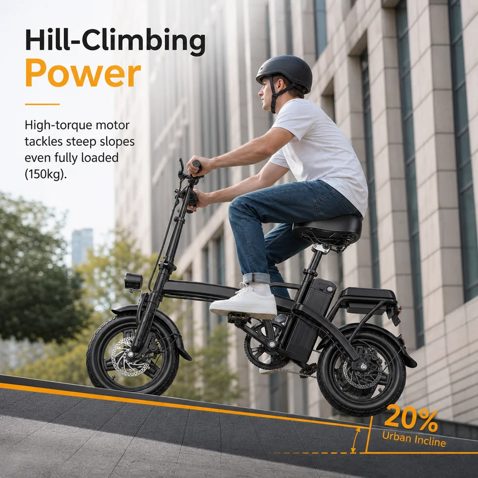 500W Folding Electric Bike 14" Urban Commuter 3 Modes Ebike 32km/h 30km Range 150kg Load 160mm Disc Brakes 6h Fast Charge 20% Hill Climb Lightweight Portable Foldable E-bicycle image 2