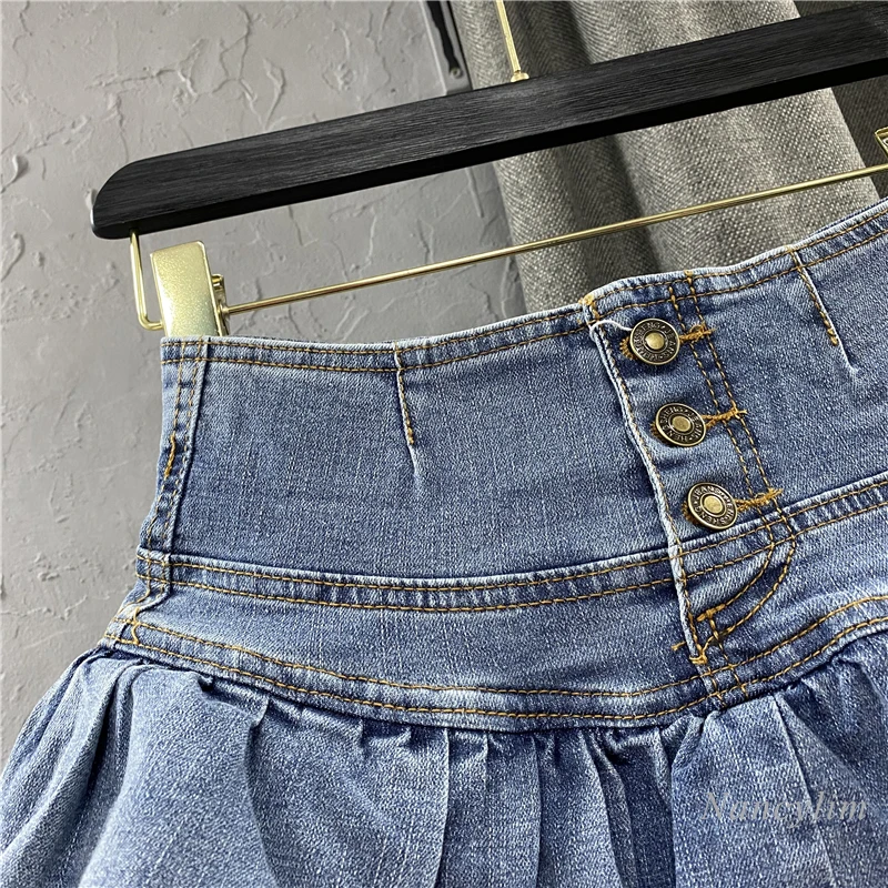 High Waist Single-Breasted Ruffles Cake Denim Skirt Woman 2023 Spring Summer New Bubble Jeans Skirts Girls Students Fit Stretch