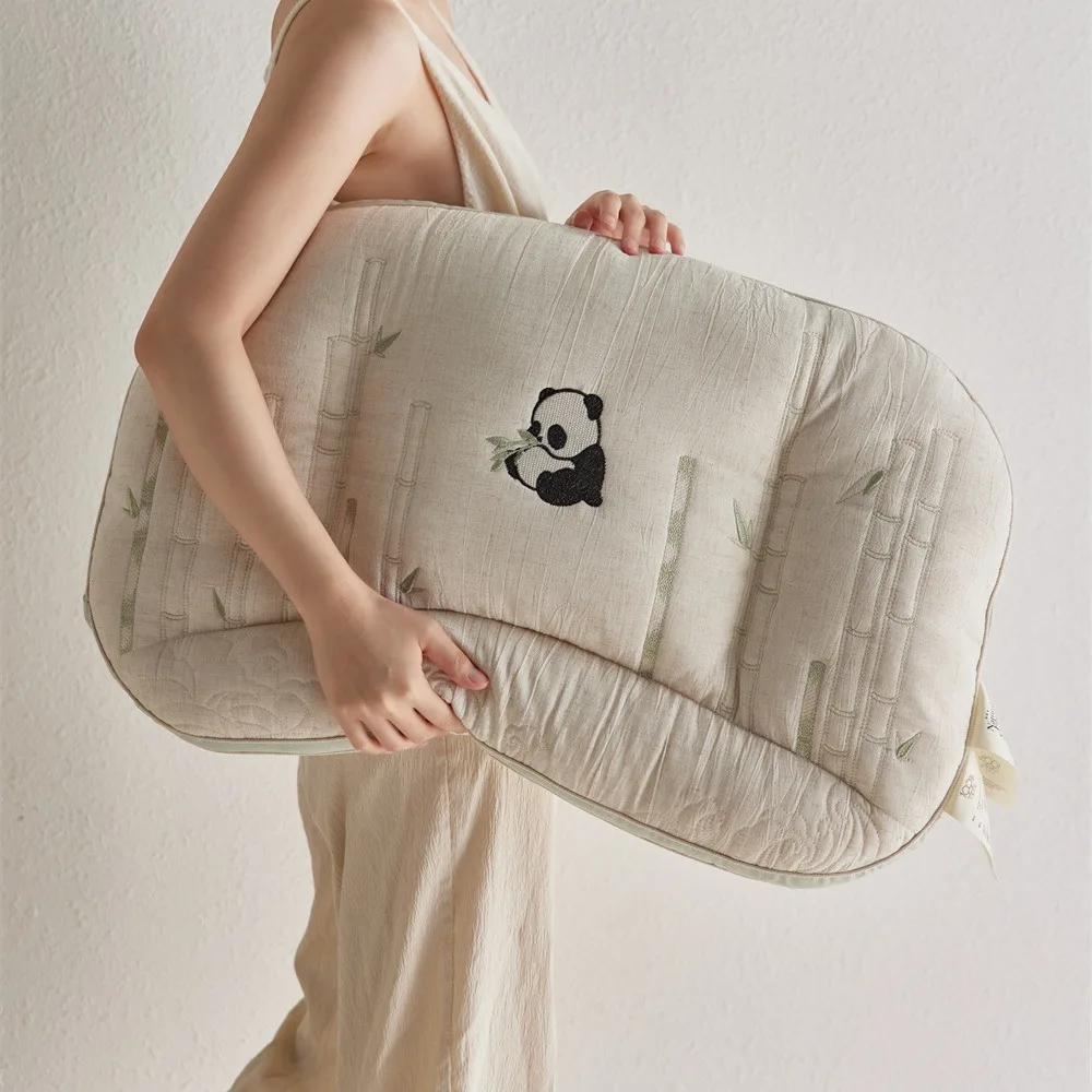 Bamboo Fiber Neck Pillow Panda Embroidery Soft Supportive Comfortable Home Use