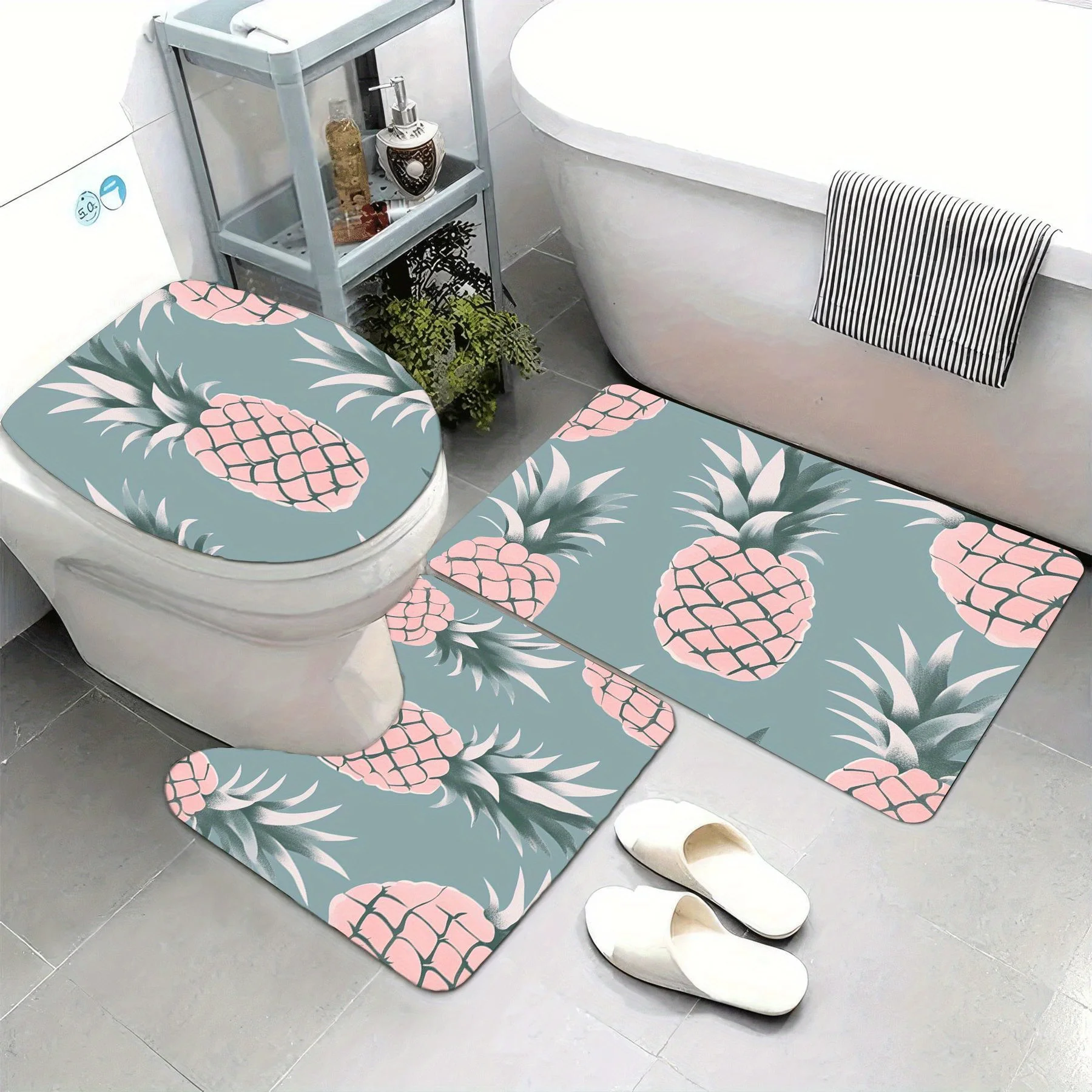 

3pc Tropical pineapple pattern bathroom set, U-shaped mat, non-slip mat, toilet seat cover, suitable for bathroom decoration.