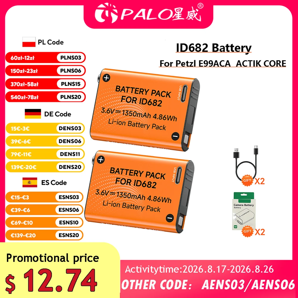 1350 mAh Li-Ion-Akku für PETZL WSWIFT ID682 mit Typ-C-Ladeanschluss für Petzl E99ACA ACTIK CORE Stirnlampen-Ersatzakku