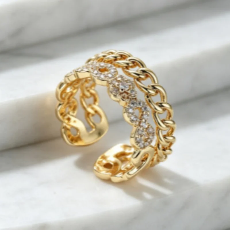 Double Layered Chain Inlaid Zircon Open Ring for Female Actress, Elegant Personality, Light Luxury, Adjustable Accessories