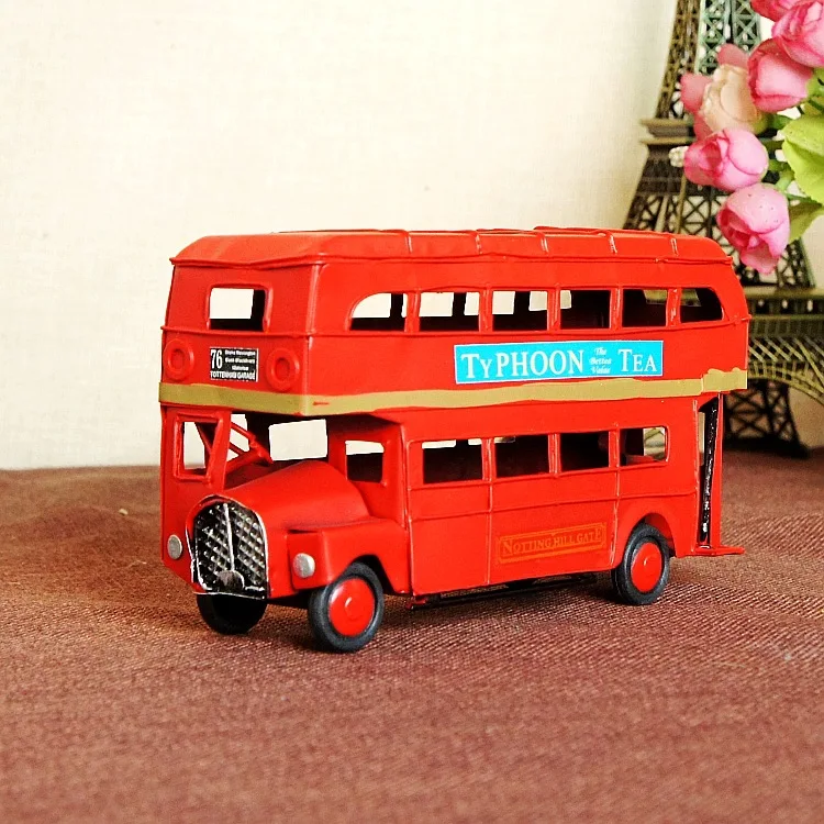 Red Handmade Metal Vintage Double Decker Bus Model Retro Iron Car Figurines Home Decoration Desktop Crafts Kid Toys Gifts