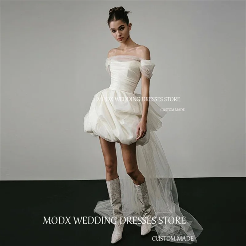 OLOEY Mini Sexy Short Wedding Dresses Off Shoulder Soft Tulle Mini Bride Gowns Corset Back Korea Photo shoot Princess
