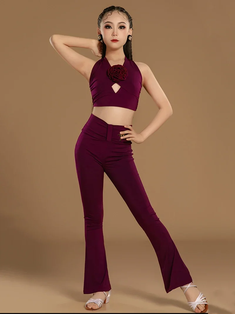 Children Latin Dance Halter Backless Top High Waist Pants Trousers Girls Kids Competition Dancewear Ballroom Training Costume