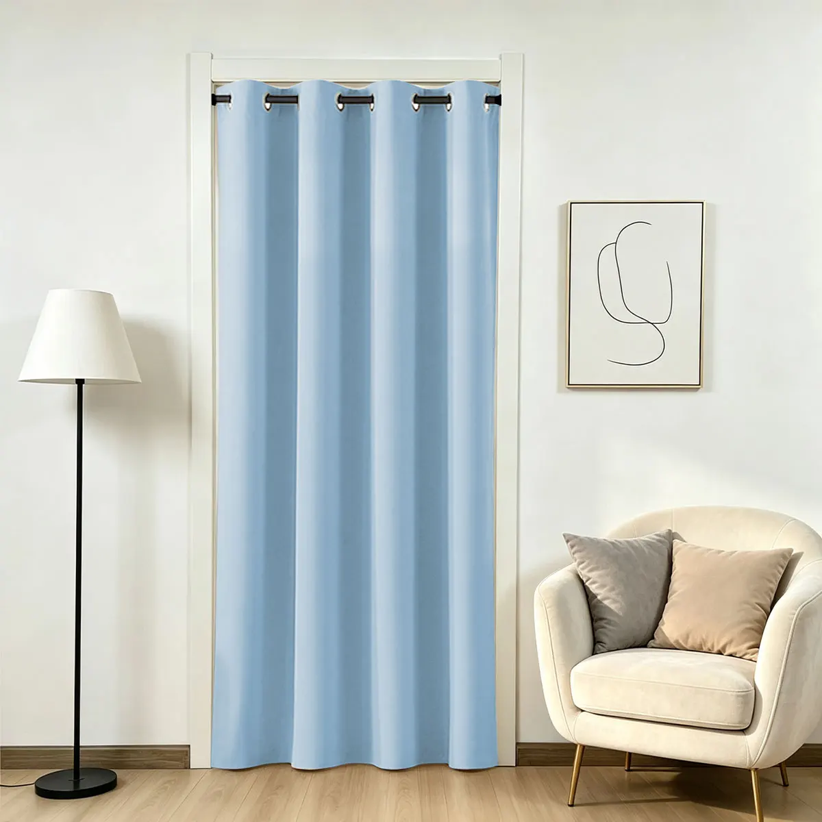 1Pc Light Blue Blackout Door Curtain, Modern Fresh Minimalist Style, Grommet Silver‑Coated Thermal Privacy Divider for Bedroom E