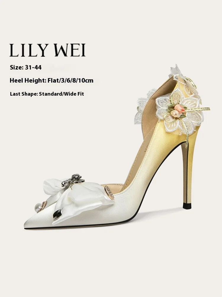 

Spring and summer pointed toe silk pearl rhinestone bow widened sandals thin high heel banquet large size small size women shoes