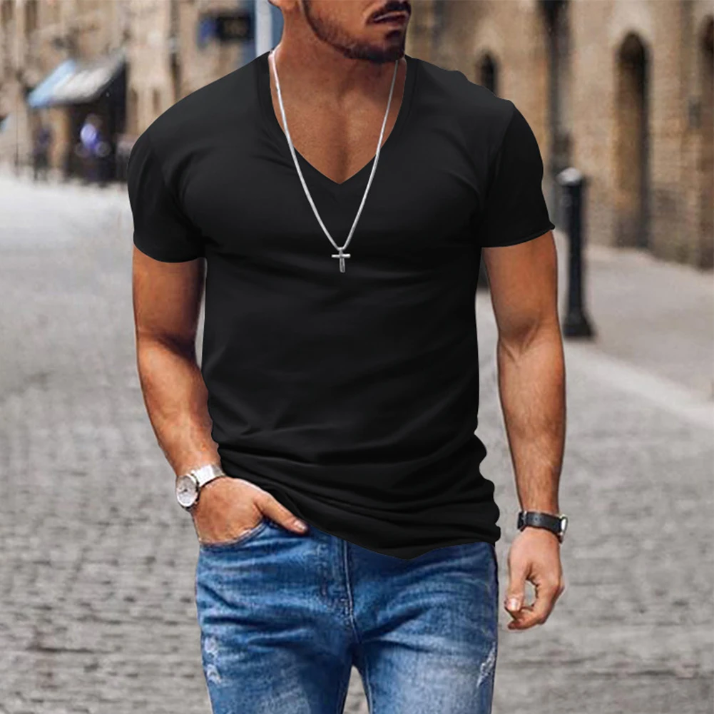 Hot Summer Popular Mens T Shirt Short Sleeve Muscle Tops V Neck Blouse Tees Fitness Bodybuilding Tshirt Elastic Black White Wine