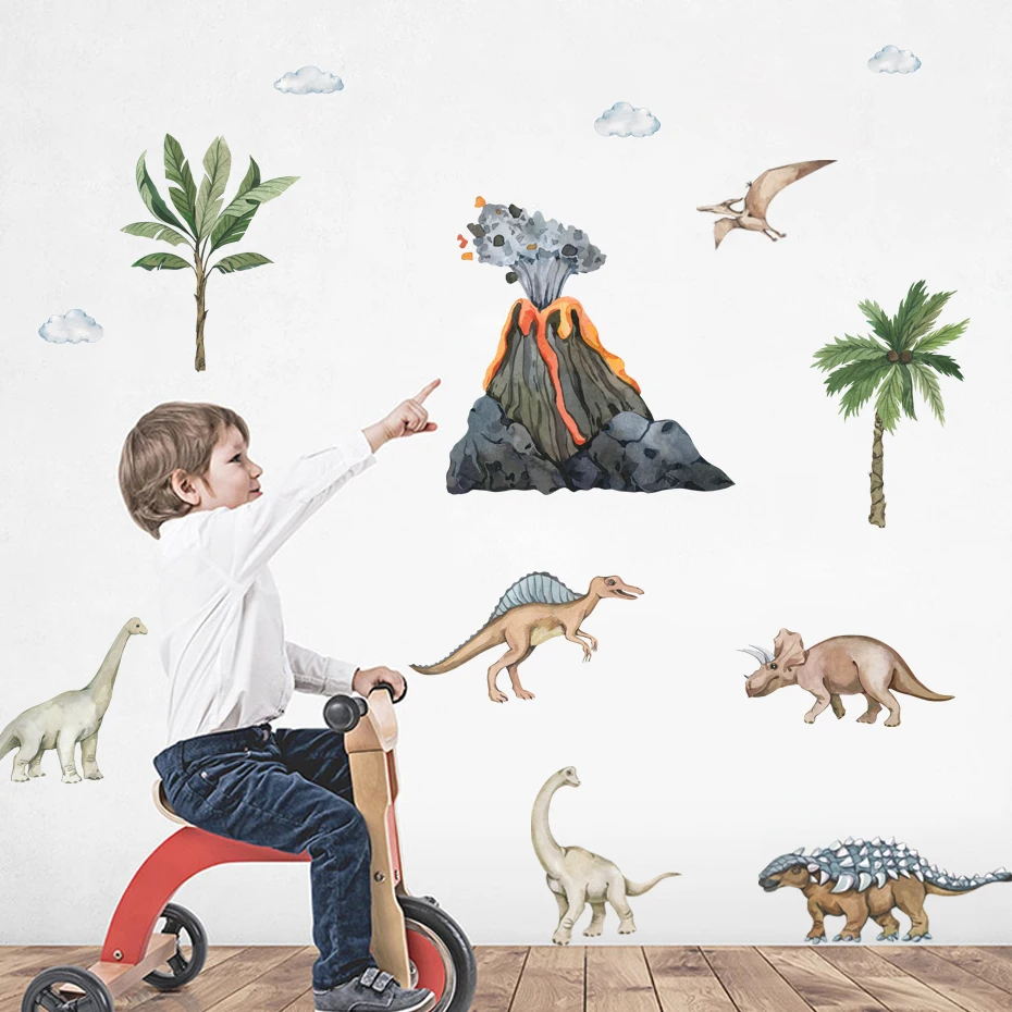 Cartoon Dinosaurs Triceratops Volcanic Eruption Wall Sticker Vinyl Nursery Watercolor Wall Decals Kids Boys Room Home Decor