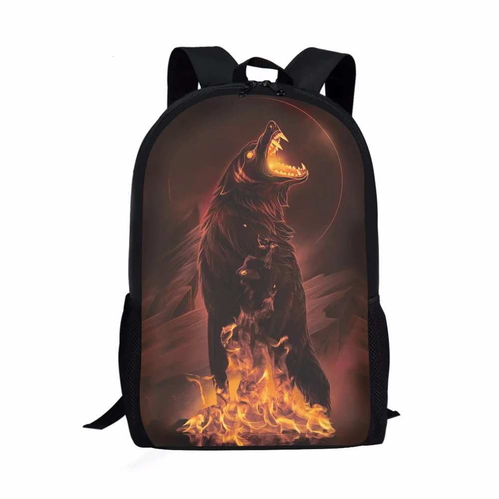 Mochila personalizable con estampado de lobo de fuego para hombre, morral escolar de 16 pulgadas, para adolescentes, niños y niñas