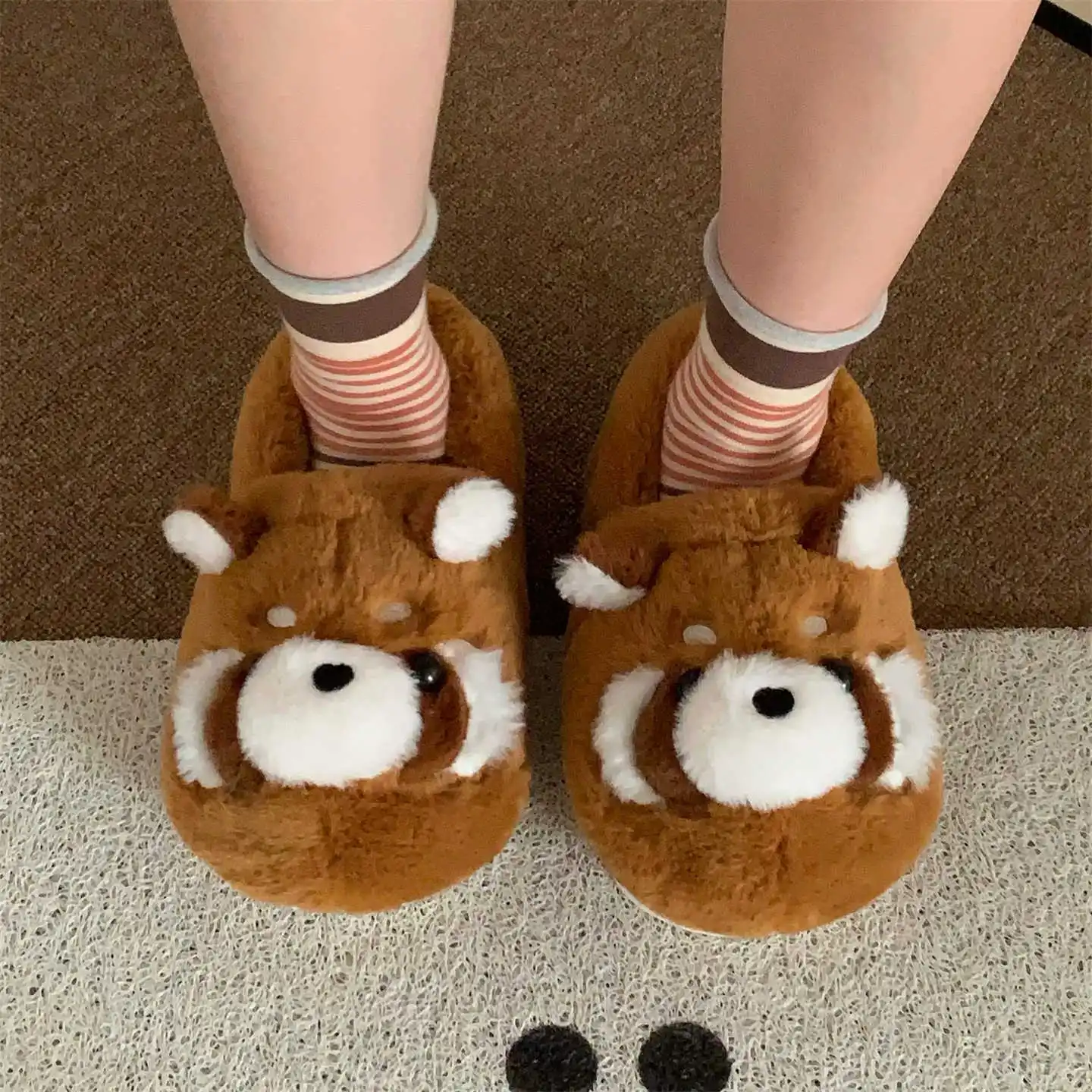 

New adorable raccoon slippers closed back home shoes for women winter thermal slipper woman indoor slip on shoes fluffy slippers