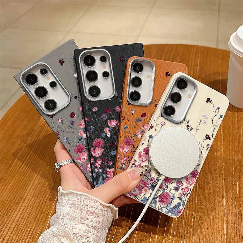 Retro Flowers Print Case For Samsung Galaxy S25 S24 S23 Ultra S22 Plus S21 S24 FE For Magsafe Wireless Charge TPU Leather Cover