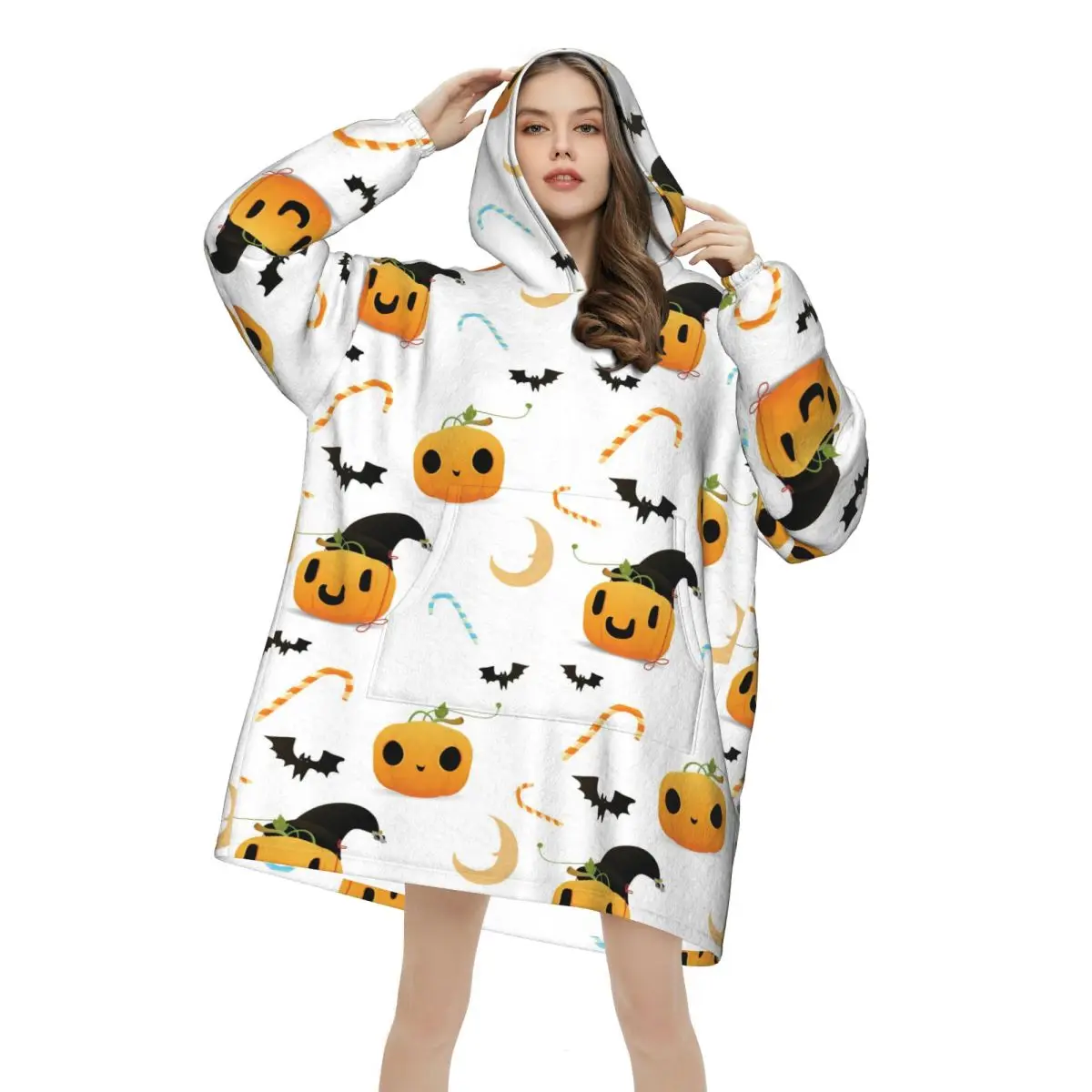 Halloween Seamless Pattern Pumpkin Bat Etc Oversized Blanket Hoodie Women Men Wearable Fleece Pullover Soft Warm Cozy