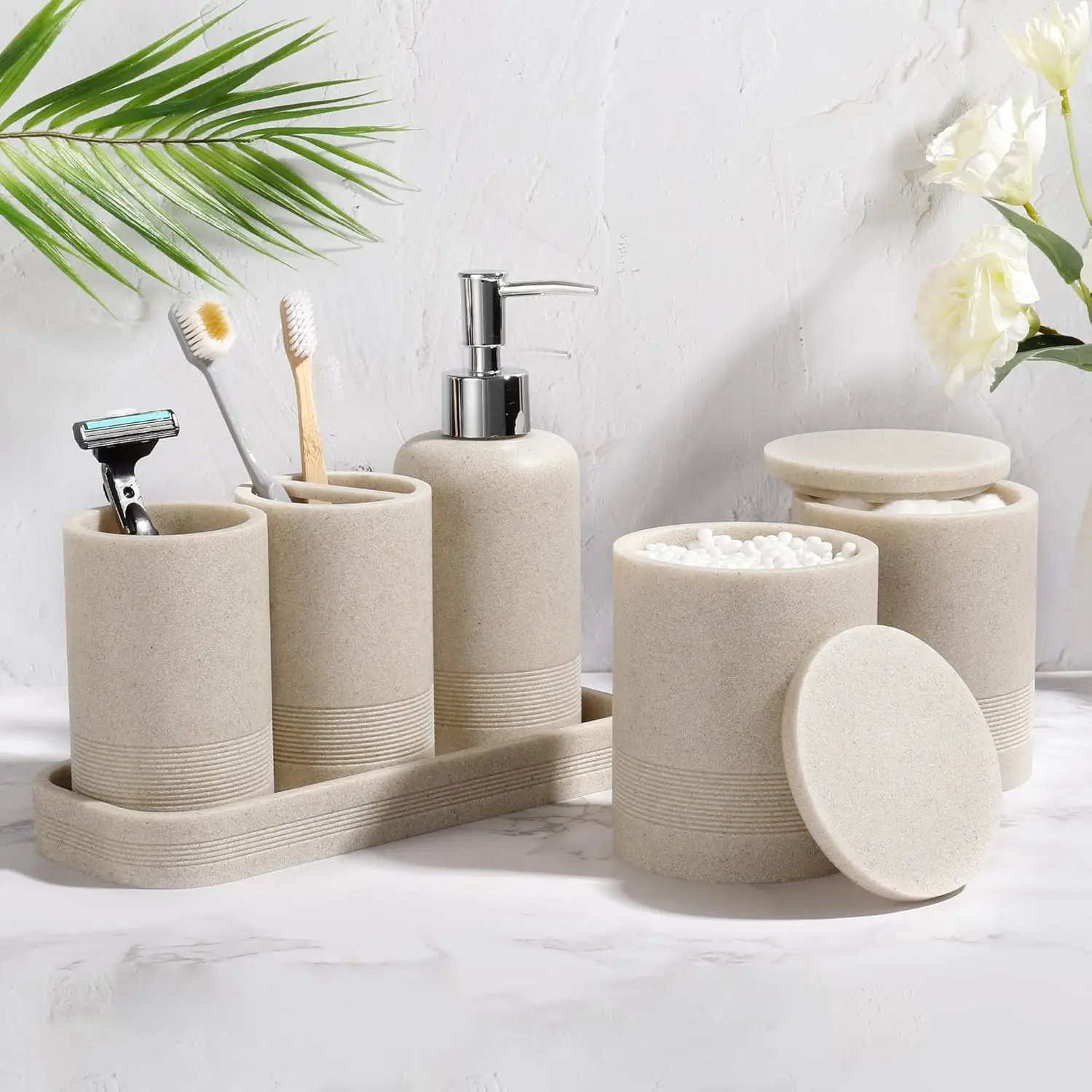 

Bathroom Accessories Set, 6-Piece Bathroom Accessory Set, Toothbrush Holders Set, Soap Dispenser, Vanity Tray, Cotton Swab Jars