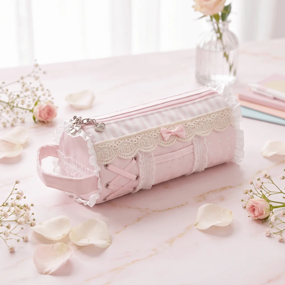 Makeup Bag Large Capacity Lace Pencil Case INS Style Pink Pencil Pouch Ruffle Sweet Stationery Pen Bag Girls