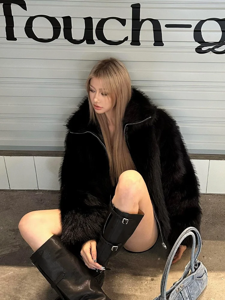 

Bla Fur Coat Women's Inteated Leather And Fur Thiened Winter Coat Fluffy Young Sle Zipper Closure Casual Commute