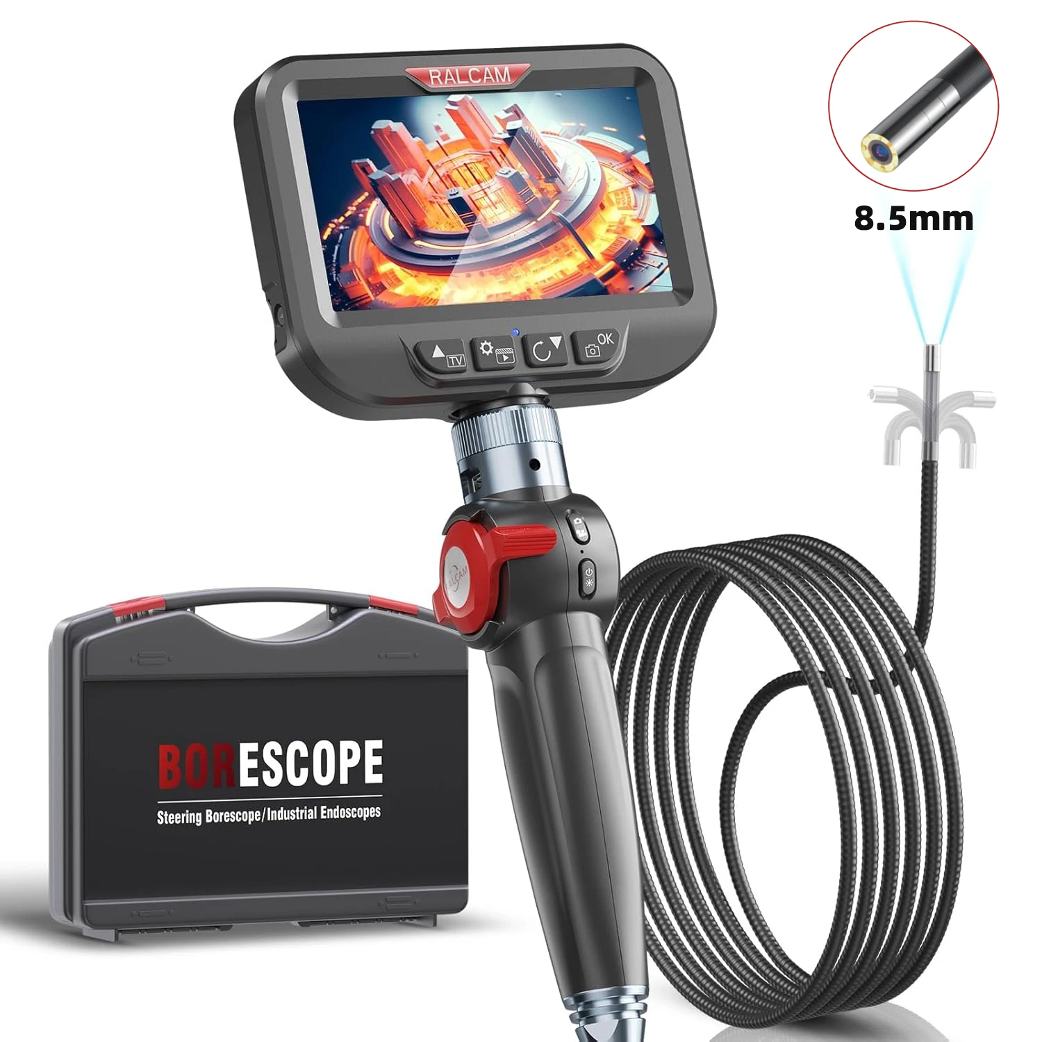 Ralcam Articulating Borescope 2-Way 180° Endoscope 3.9mm Inspection Camera 5.0" Scree Pipe Camera 10 LED Lights Semi Rigid Cable