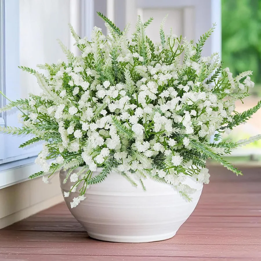 

38PCS White Fake Flowers Plants Outdoor Realistic Artificial Baby Breath and Lavender Flowers UV Resistant Faux Flower Stems Gr