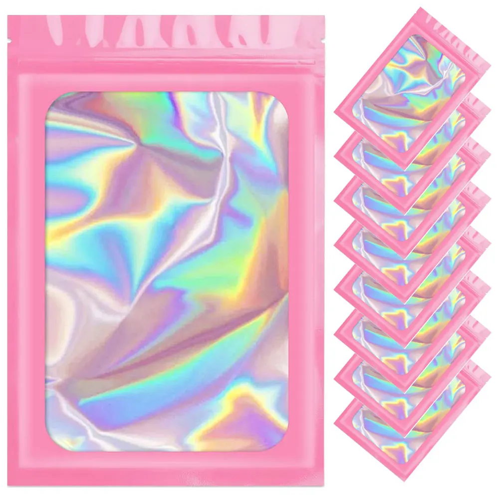 

50pcs Pink Ziplock Bag Transparent Laser Thicken Plastic Seal Bags for Jewelry Display Handicrafts Nail Eyelash Packaging