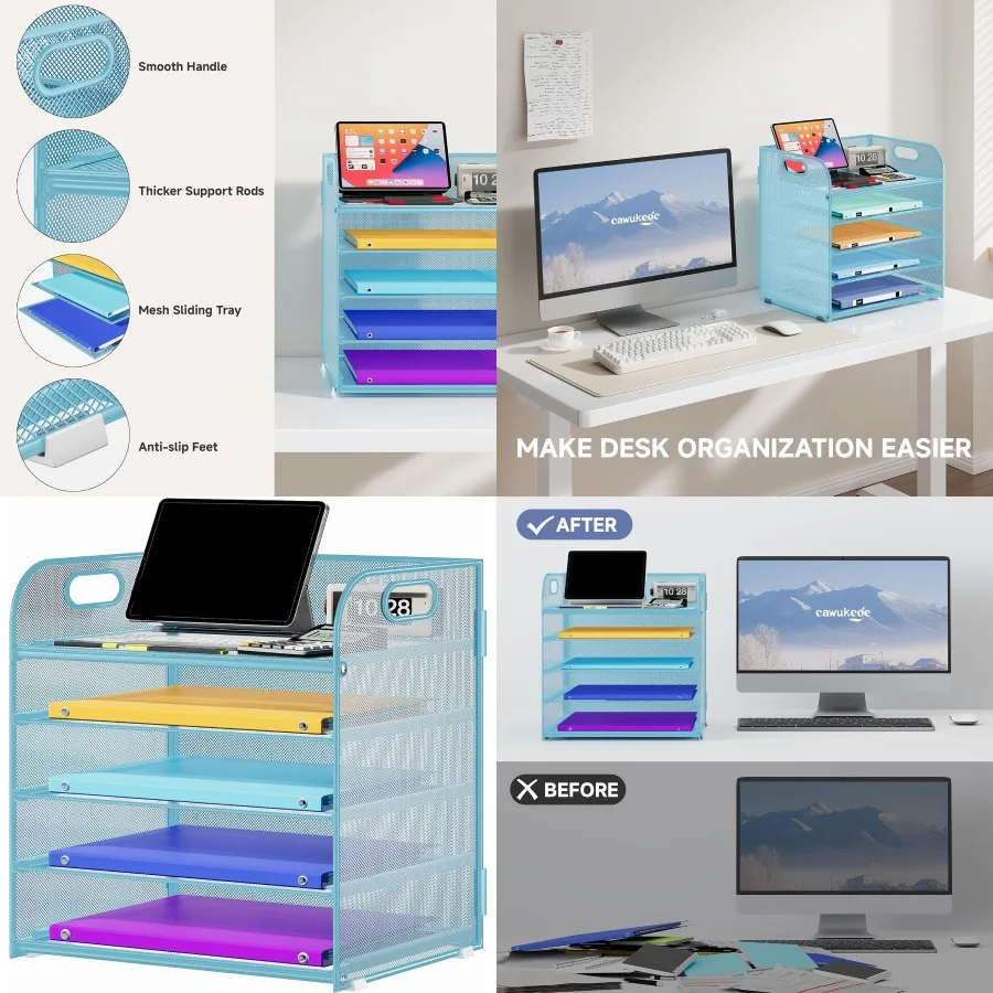 Organizzatore di carta a 5 livelli con maniglia per aula, scuola e ufficio, organizer da scrivania in rete metallica con cartella di archiviazione