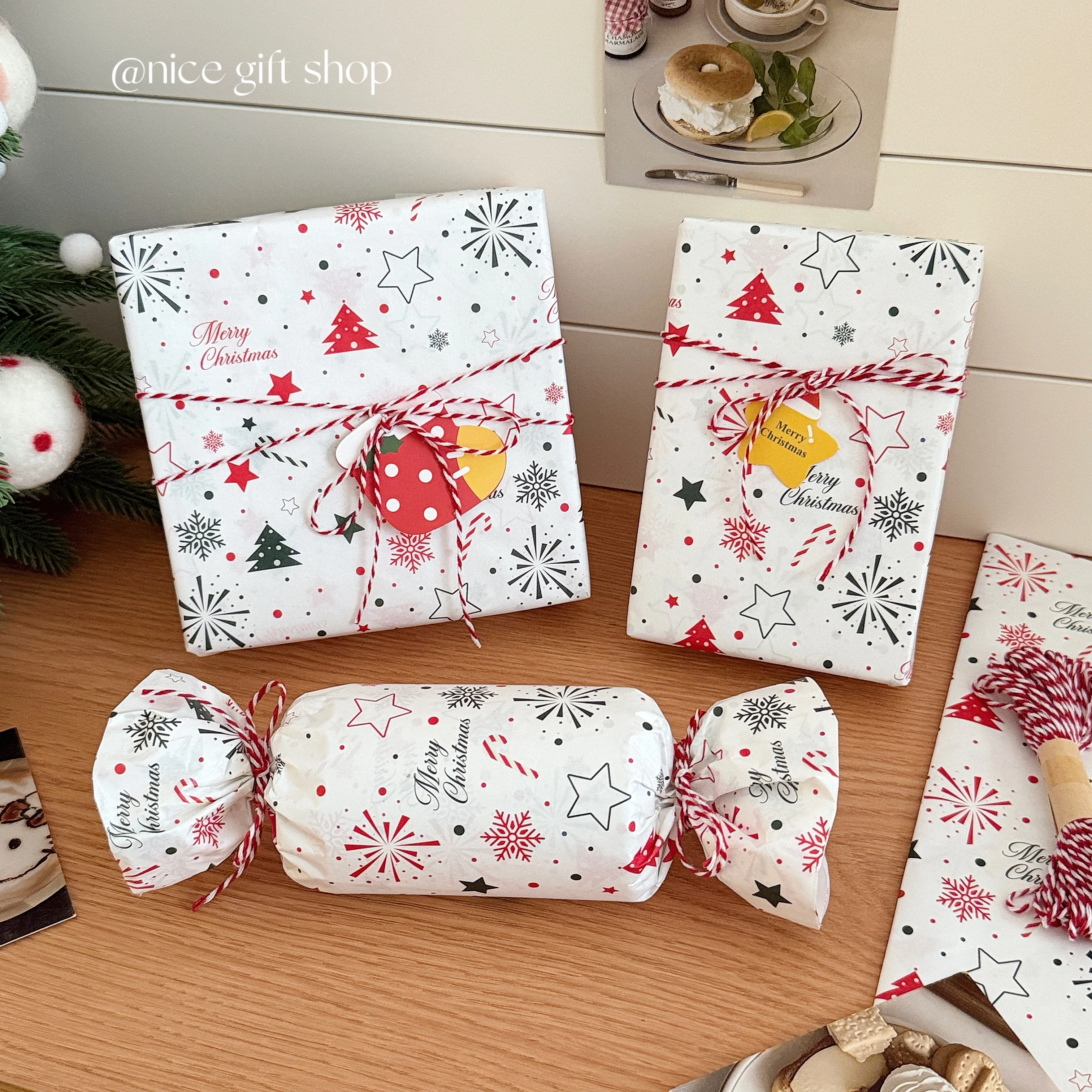 Christmas Tissue Paper Merry Christmas Tree Snowflake Star Printed Gift Wrapping Paper, White Base Xmas Decor Tissue Paper
