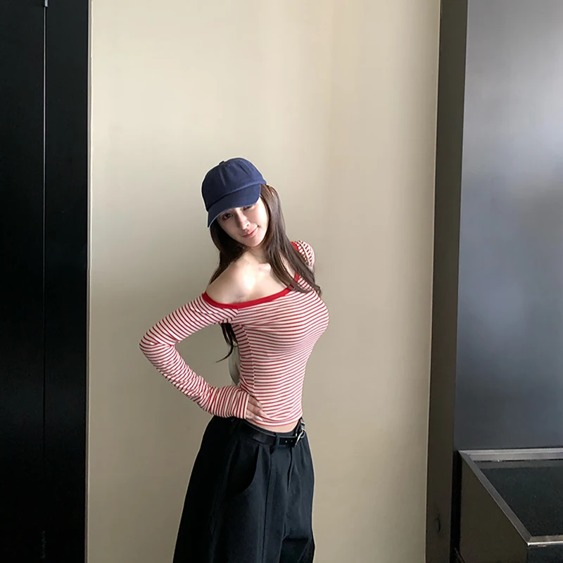 Women's Striped Sloping Shoulders Long Sleeve Tops Sheath Casual Daily T-shirt