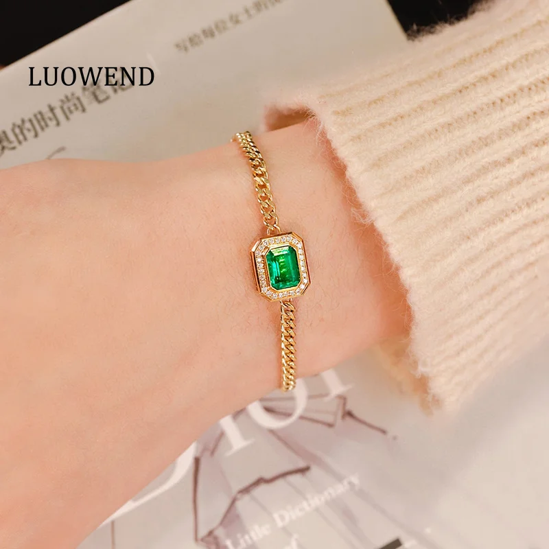 LUOWEND 100% 18K Yellow Gold Bracelet Cuban Chain Shiny Diamond Natural Emerald Necklace&Bracelet Luxury Design Women's Jewelry