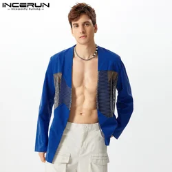 Sexy Fashion Style Tops INCERUN Men's Hollow Out Mesh Splicing Suit Coats Casual Clubwear Male Hot Sale Thin Long Sleeved Blazer