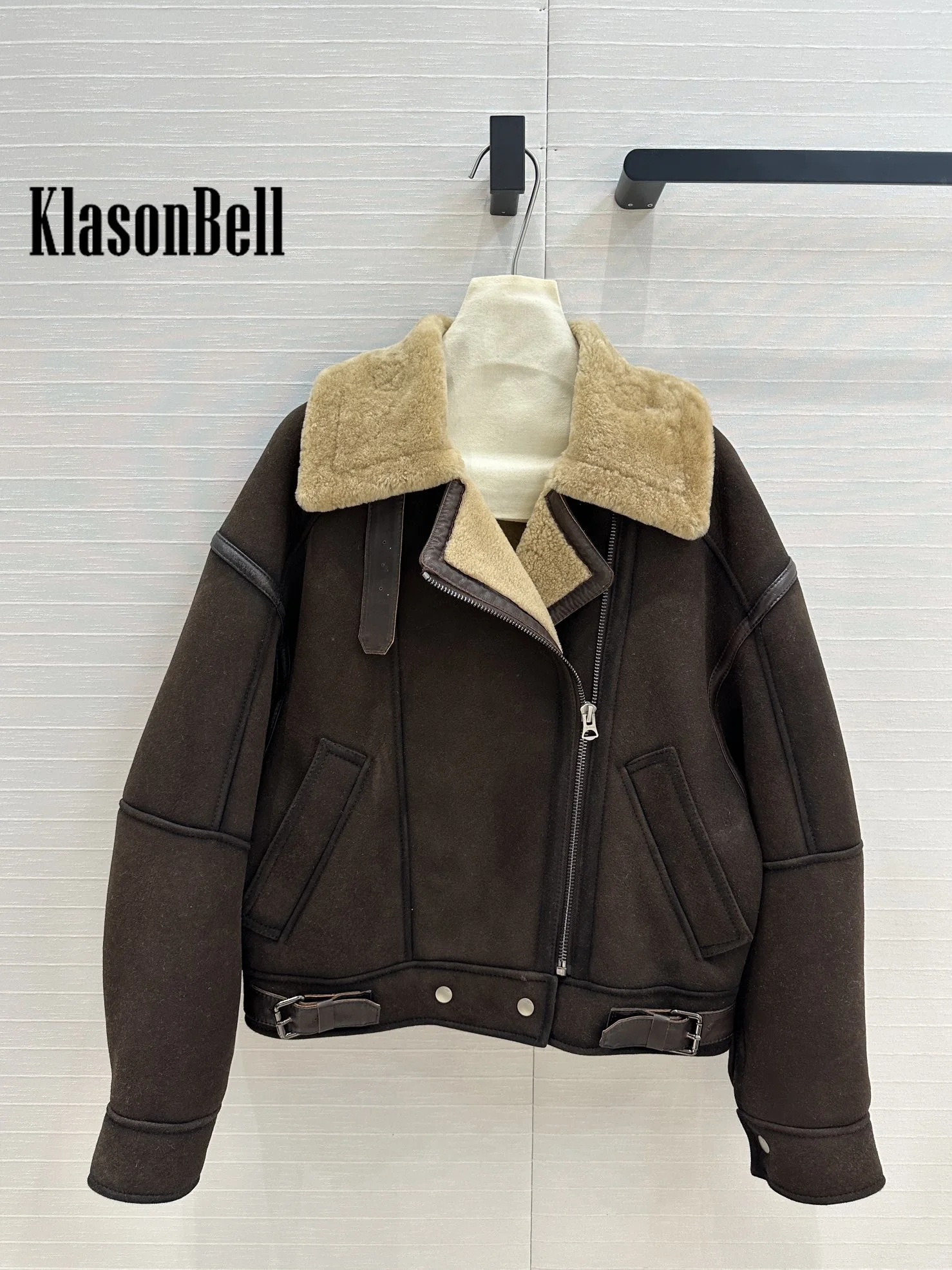 10.9 KlasonBell Women Autumn Winter New Vintage Genuine Leather Spliced Suede Short Jacket Fur Lapel Keep Warm Zipper Coat