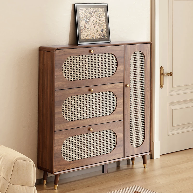 hh-Ultra Thin Shoe Cabinet Household Retro Rattan Narrow Entrance Apartment Hall Bedroom Storage Mueble Living Room Furniture^