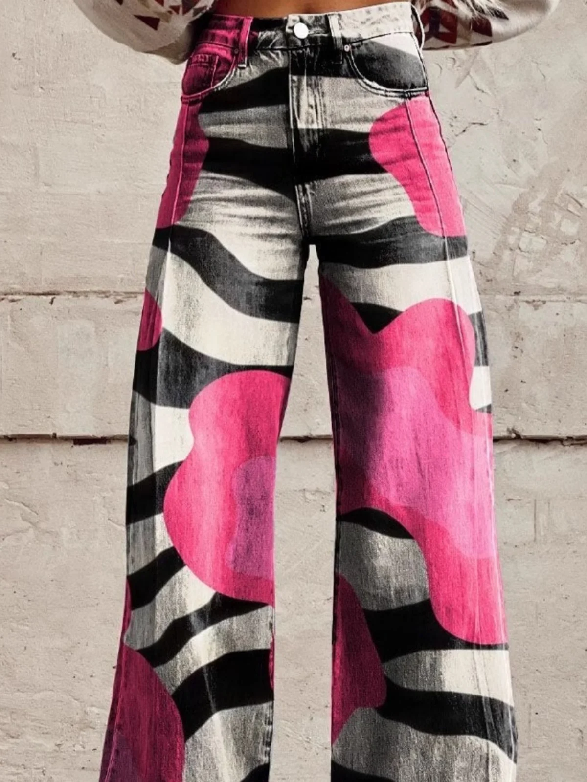 Spodnie damskie w stylu vintage z nadrukiem, plus size, szerokie nogawki, wysoki stan, codzienne długie spodnie, retro, wygodny krój, moda damska.