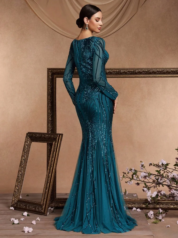 Elegant Long Sleeves Blue Sequin Evening Dresses 2025 Women Mermaid Formal Party Maxi Prom Dress Cocktail Graduation Gowns