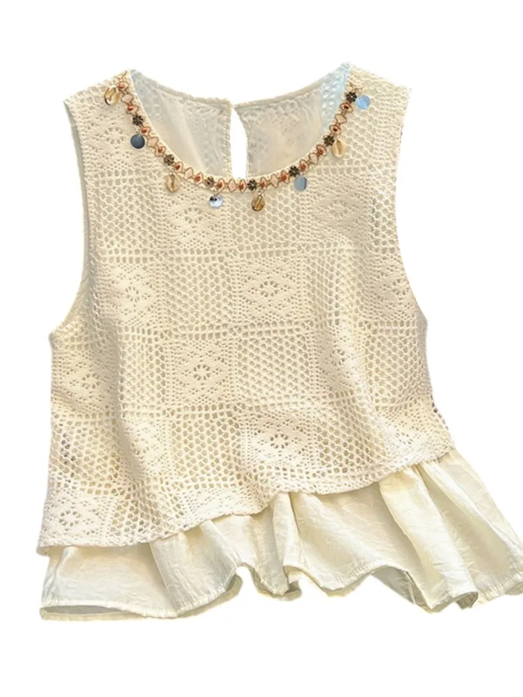   Kolorowa kamizelka na ramiączkach damska letnia bielizna wewnętrzna i na zewnątrz, imitacja dwuczęściowego stroju, łączona, ażurowa, wyszczuplająca, krótki top.