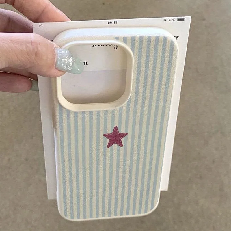 Blue Striped Star Lichee Pattern Phone Case For iPhone 18 11 12 13 14 15 16 17 Pro Max XS XR 16 Plus 16E Shockproof Bumper Cover