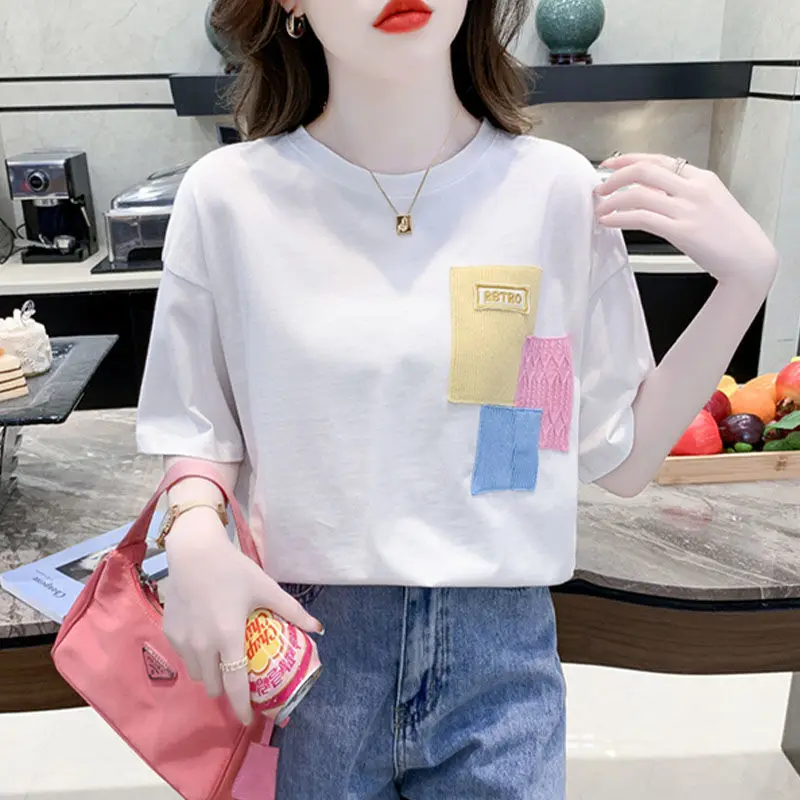 Women\'s Summer Fashion Office Lady Simplicity Patchwork O-neck Short Sleeve T-Shirt Women Clothes Casual All-match Loose Tops