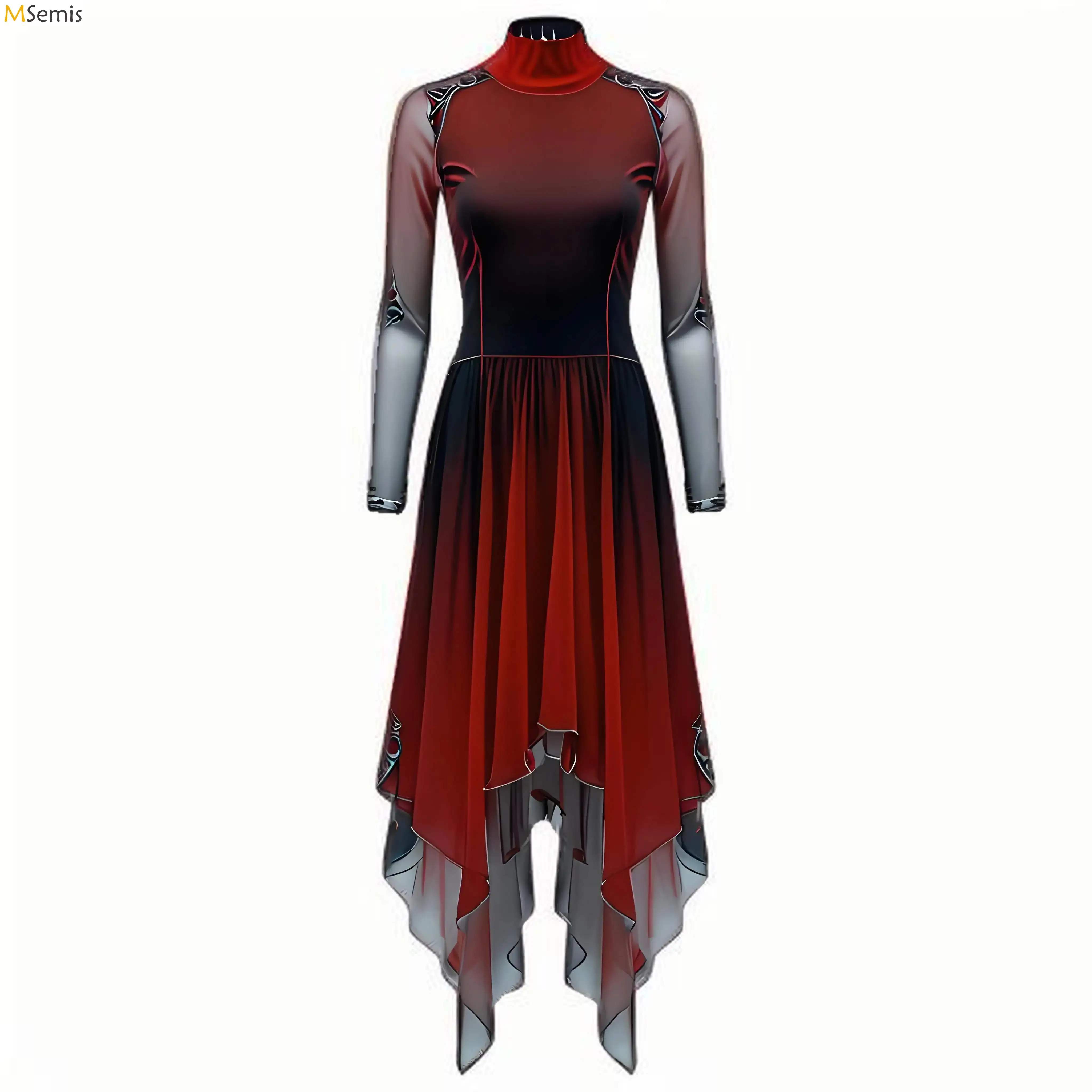 Womens Lyrical Dance Gradient Dress Mesh Irregular Gymnatics Skating Leotard Dress Waltz Ballroom Modern Contemporary Dancewear