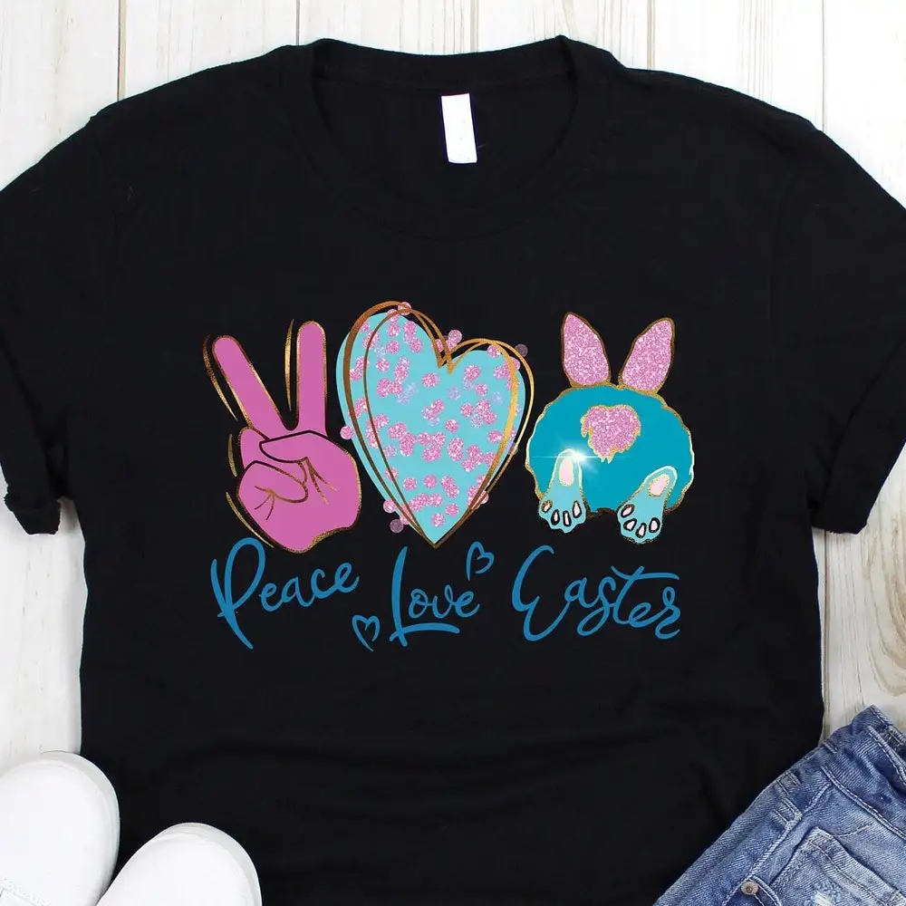 Peace Love Easter T Shirt Cute Womens Happy Kids Bunny