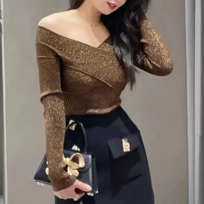 Women Slash Neck Long Sleeve Pullover Elegant Slim Strap Sweaters Tops Sexy Cross Chest Knitted Pullovers Lady Summer 2023