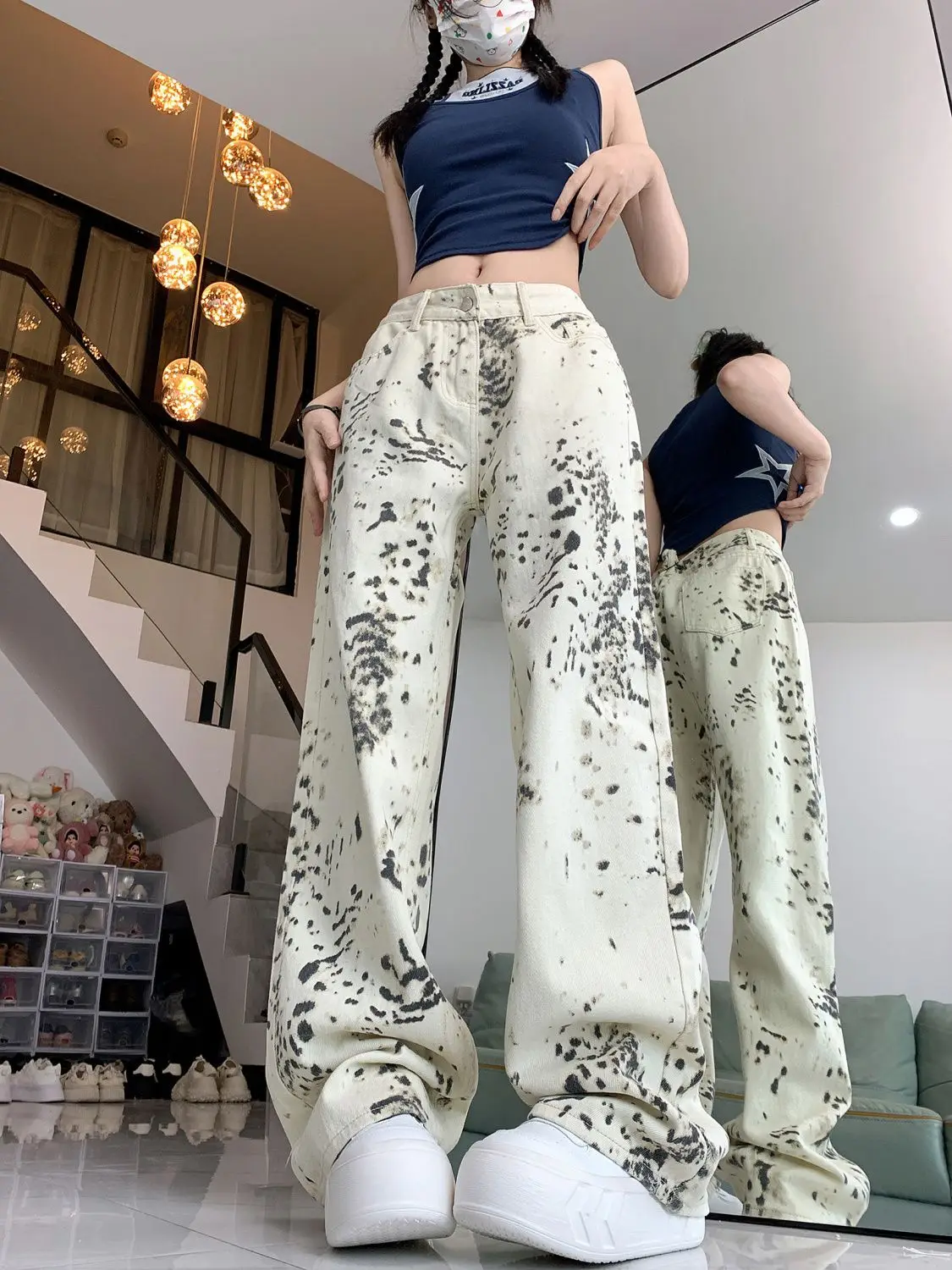 Jeans Leopard Print High Waist Baggy Wide Leg Women Straight Pants 2024 Spring Summer Fashion Streetwear Y2k Retro Denim Trouser