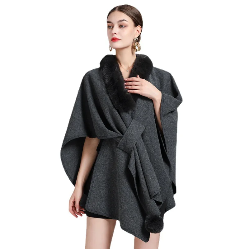 Winter Warm Imitation Otter Rabbit Fur Collar Hooded Overcoat Cape Women Poncho Shawl Cardigan Loose Coat Streetwear