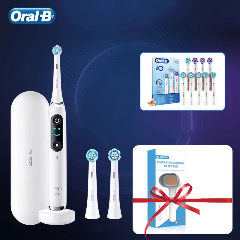 

Умная электрическая зубная щетка Oral B IO 9, с дополнительными насадками и лампой для детектора зубного налета, мгновенный дисплей, зубной камень