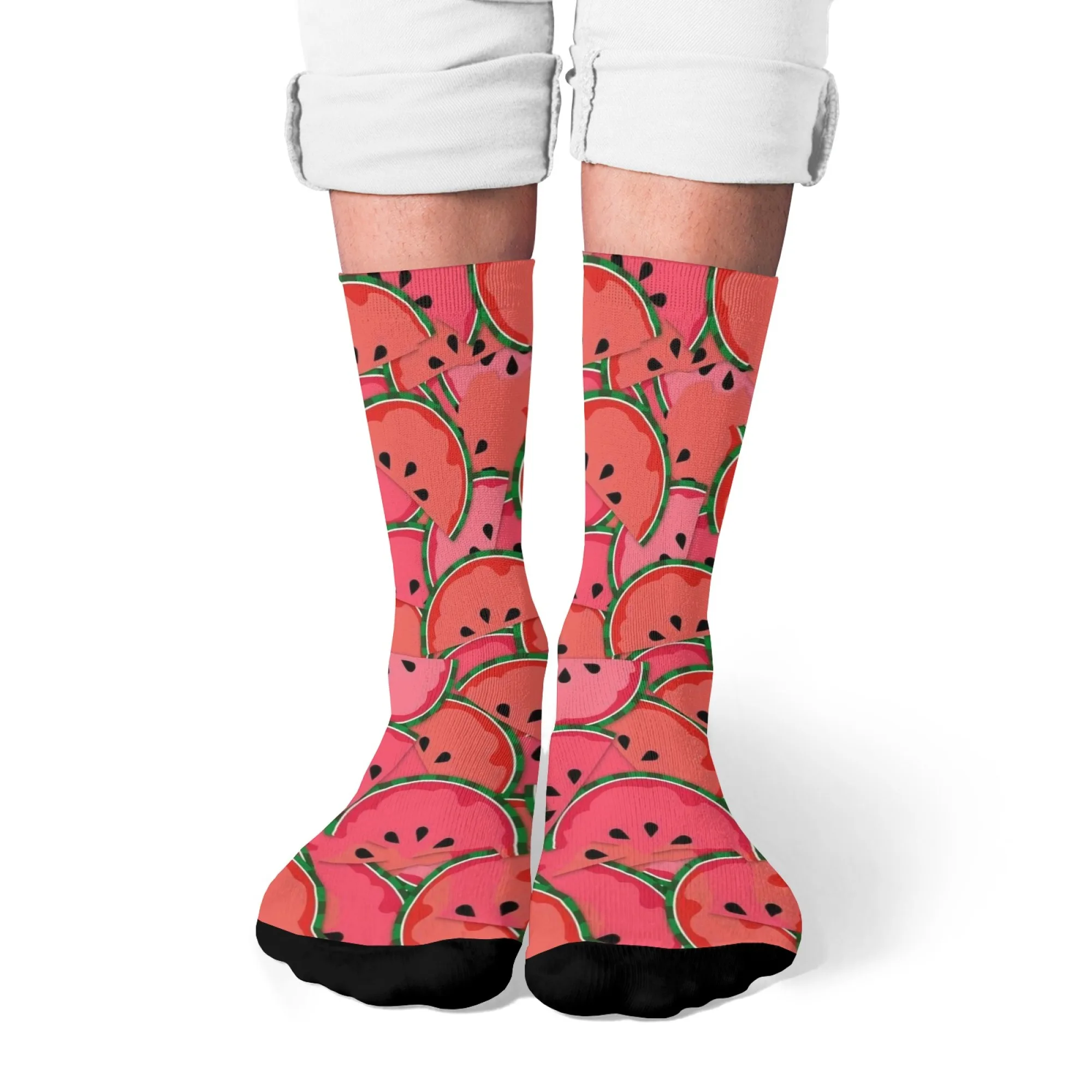 

Unisex Summer Fresh Watermelon Full-Print Mid-Calf Socks Bright Watermelon Slice Print Pink-Green Refreshing Eye-Catching