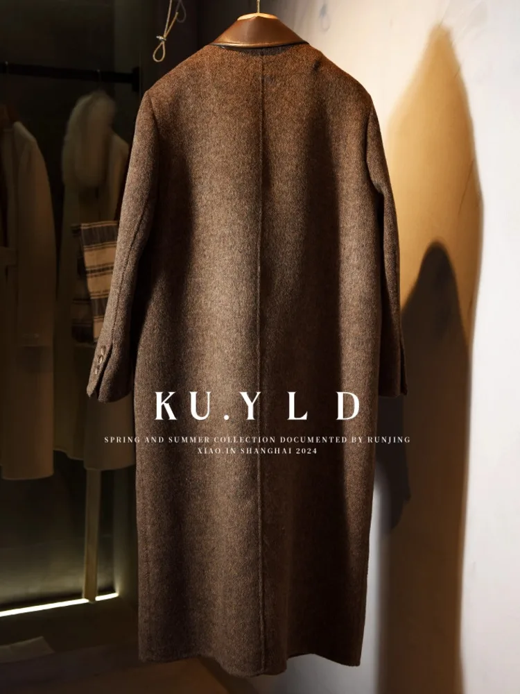 DFDG Abrigo de cuero de mezcla de lana de retales con bloques de Color de diseñador Otoño Invierno 2025 para mujer Abrigo hasta la rodilla con cuello con muescas vintage