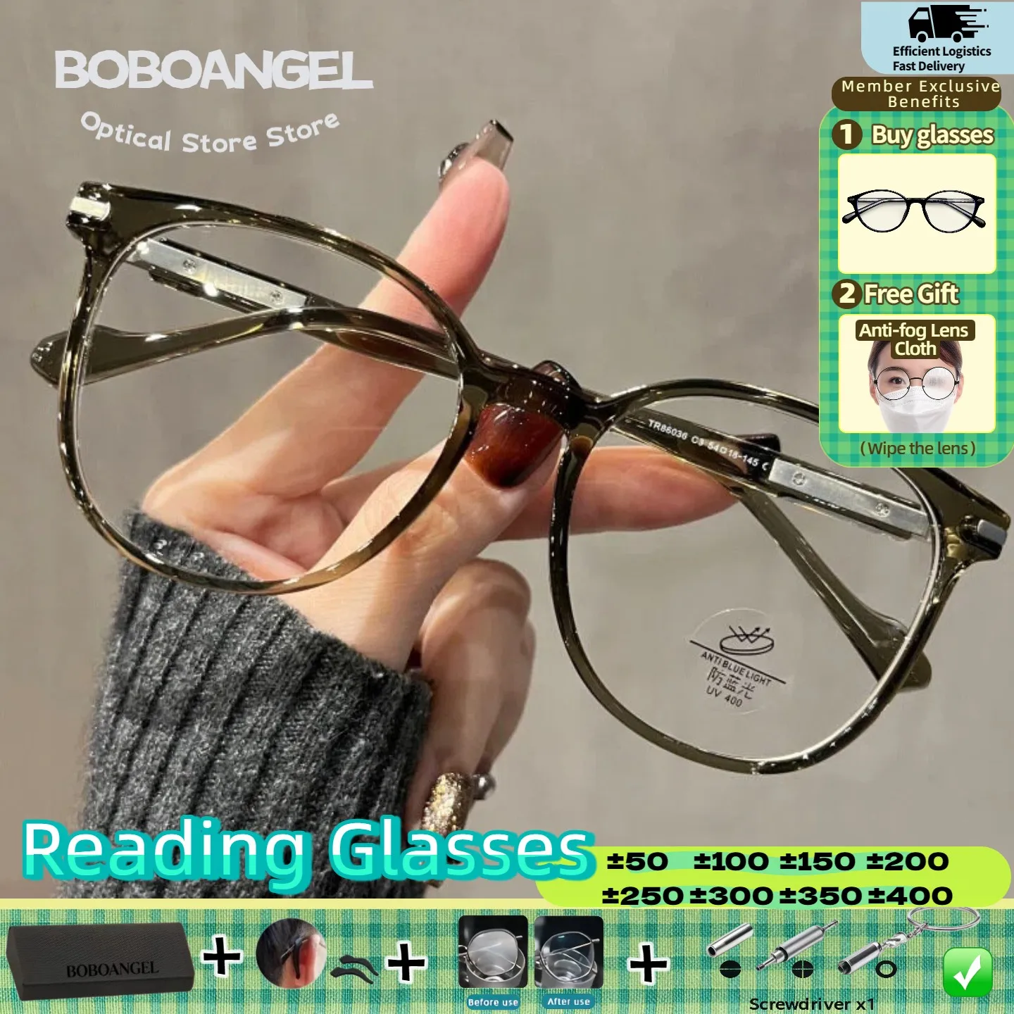 

BOBOANGEL Anti Blue Ray Multifocal Prescription Eyeware Minimalist Style Square Design Myopia Hyperopia Reading Oversize Frame