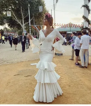 حورية البحر حفلة موسيقية فساتين مع تنورة متدرجة ، أكمام طويلة ، الخامس الرقبة ، عارية الذراعين ، الفلامنكو الإسبانية ، المناسبة المسائية