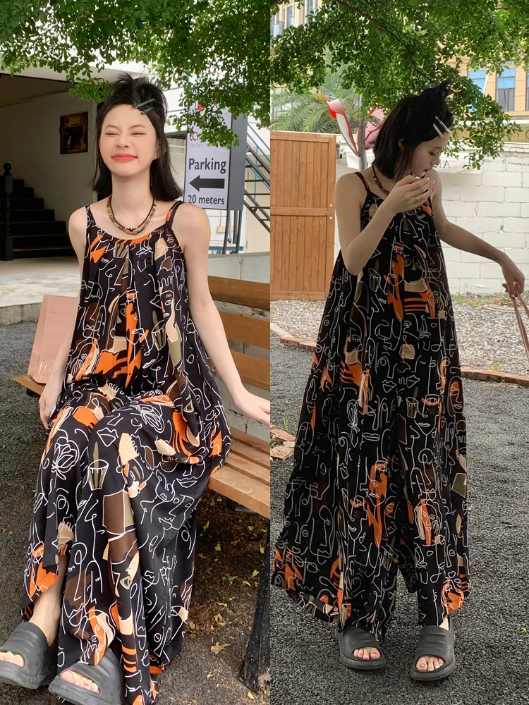 

Original Berlin Girl Summer Artistic Abstract Print One-Piece Pants Women's Loose Casual Strap High Waist Wide Leg Pants