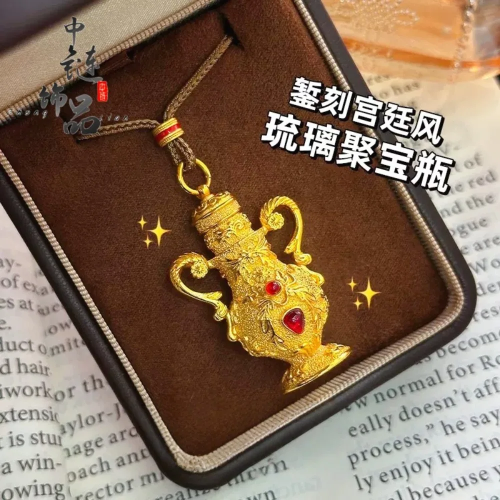 Palace style ruby coloured glass poly vase pendant long sweater chain 9999gold