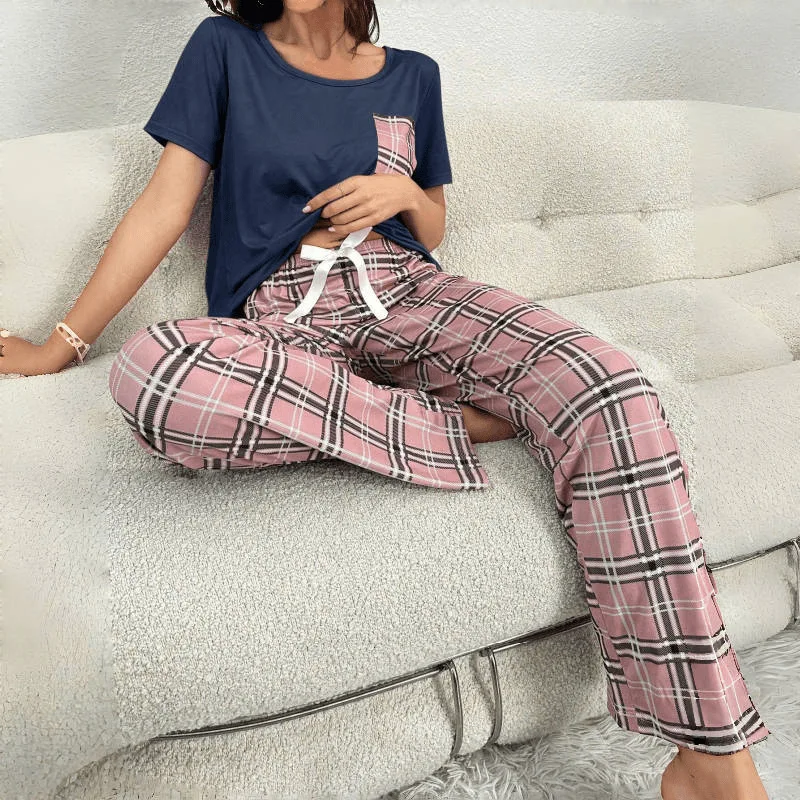 Women's Round Neck Pajama Set Short Sleeved Top Contrasting Plaid Pants Pajama Set Bow Decoration Design Casual Home Pajama