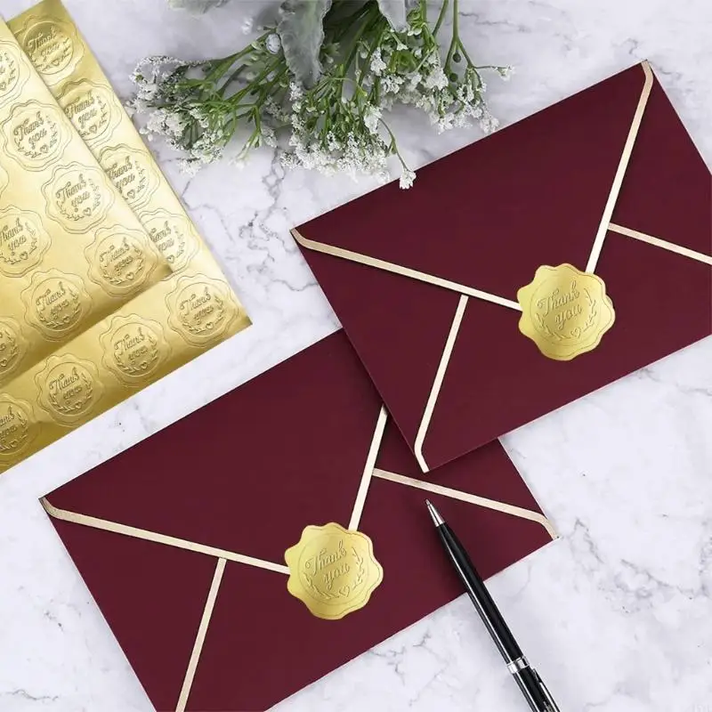Card and Envelope Closure Labels in Gold Embossed Scalloped Adhesive Label Sheets for Gift Packaging and Daily Mailing Work