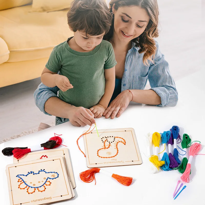 Kids Embroidery Puzzle Wooden Lacing Toy Cartoon Pattern Threading Set Busy Board Threading Activity Educational Toys Kids Gift